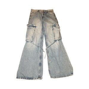 Zara Women's Denim Light Wash Cargo Wide Leg Jeans Size 4 Trendy Streetwear